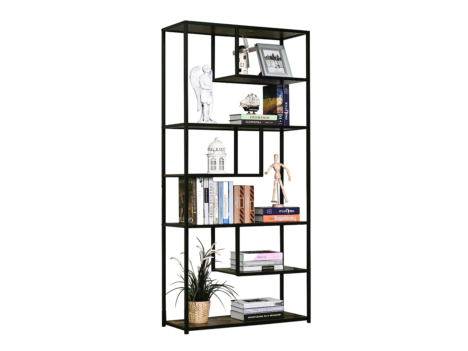 Elra 6 Tier Industrial Metal and Wood Tall Bookcase Rustic Brown and Black