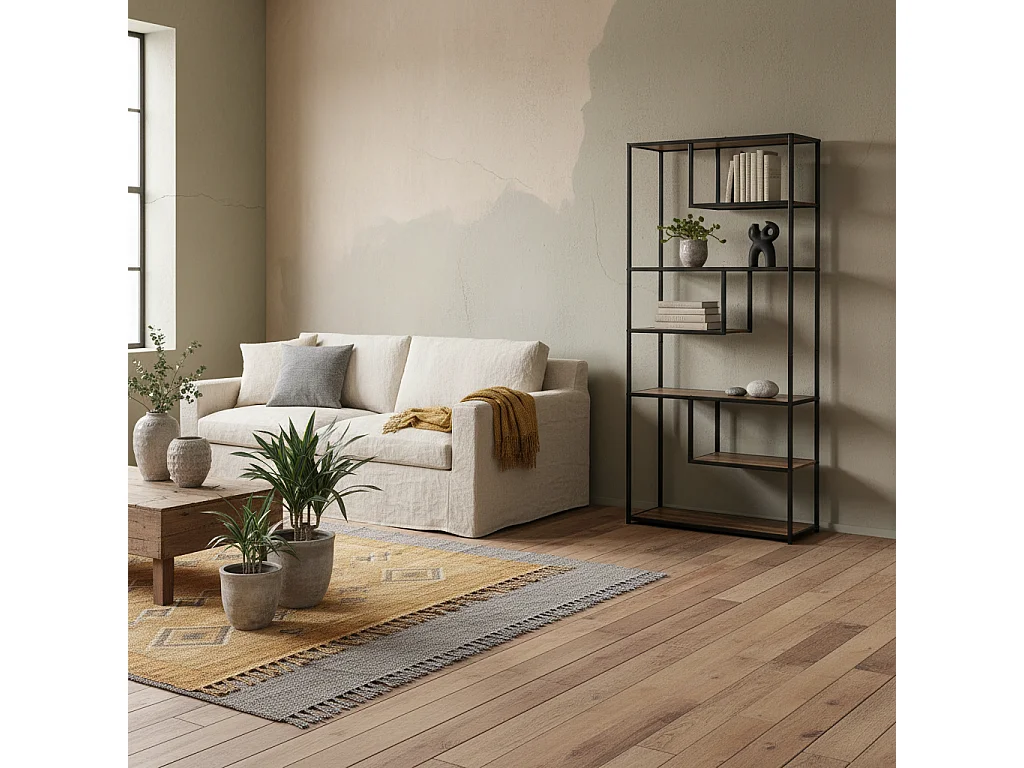 Elra 6 Tier Industrial Metal and Wood Tall Bookcase Rustic Brown and Black