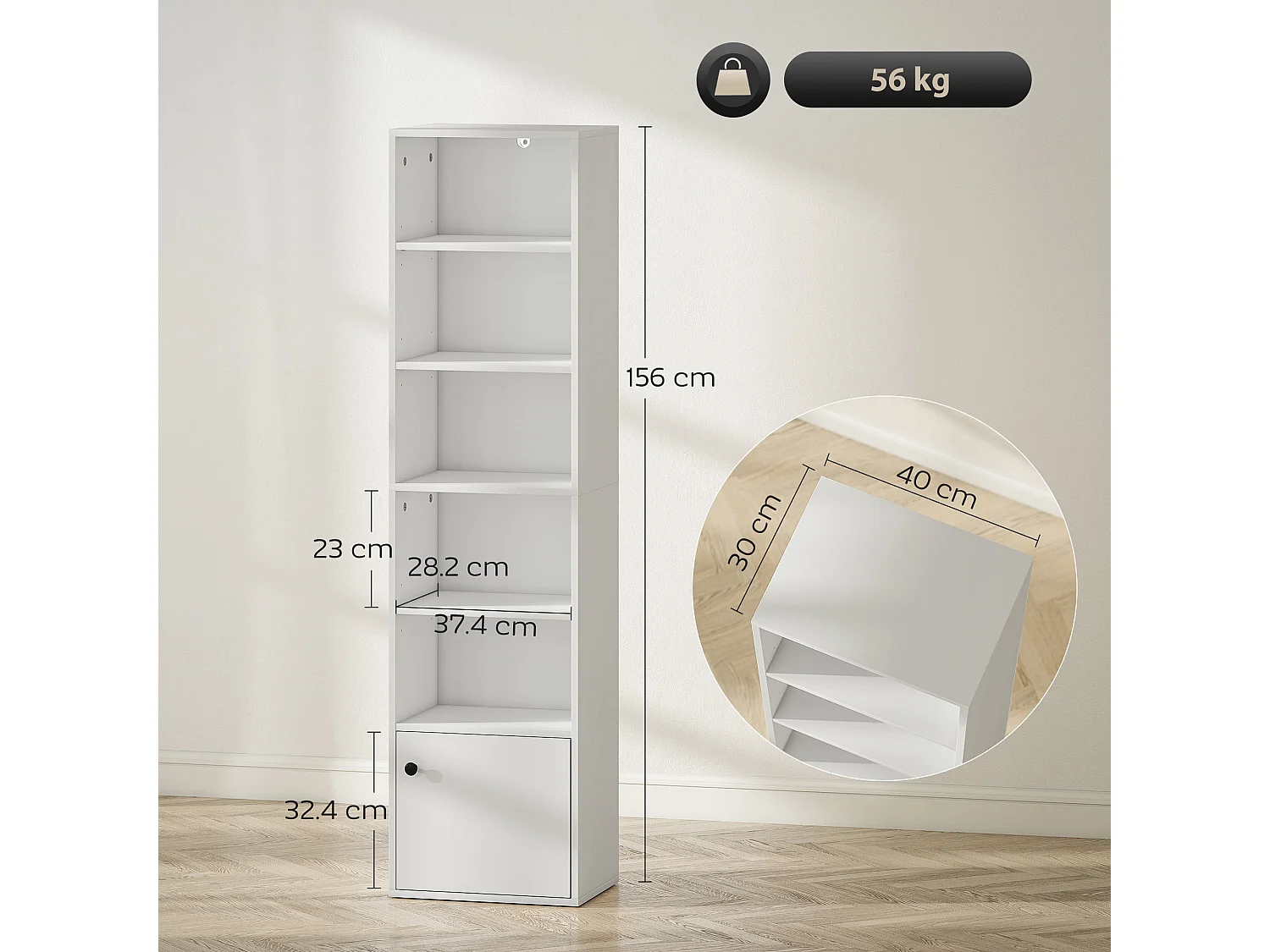 Vari Slim White 6 Tier Tall Bookcase 156cm