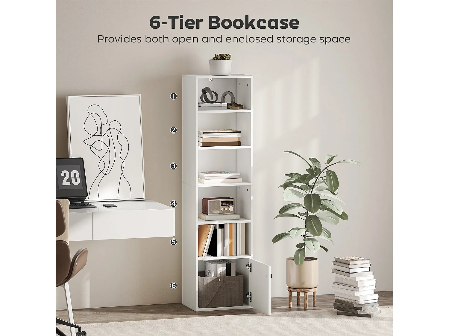 Vari Slim White 6 Tier Tall Bookcase 156cm