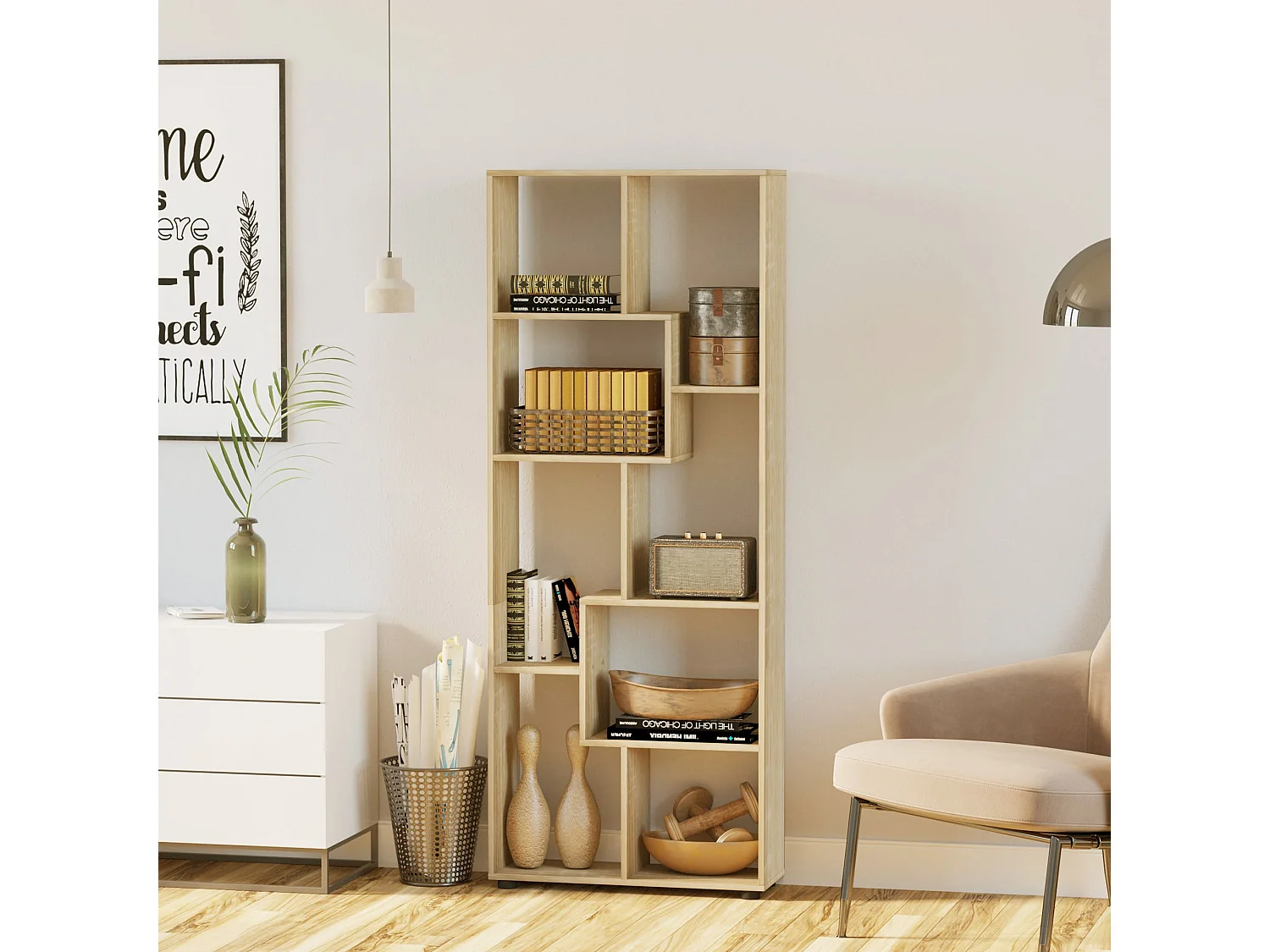 Neviludo Tall 8 Cube Bookcase Natural Wood Finish 70 x 24 x 178cm