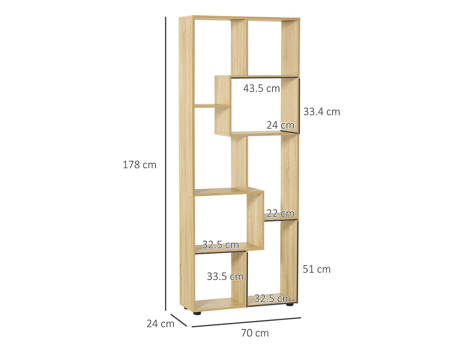 Neviludo Tall 8 Cube Bookcase Natural Wood Finish 70 x 24 x 178cm
