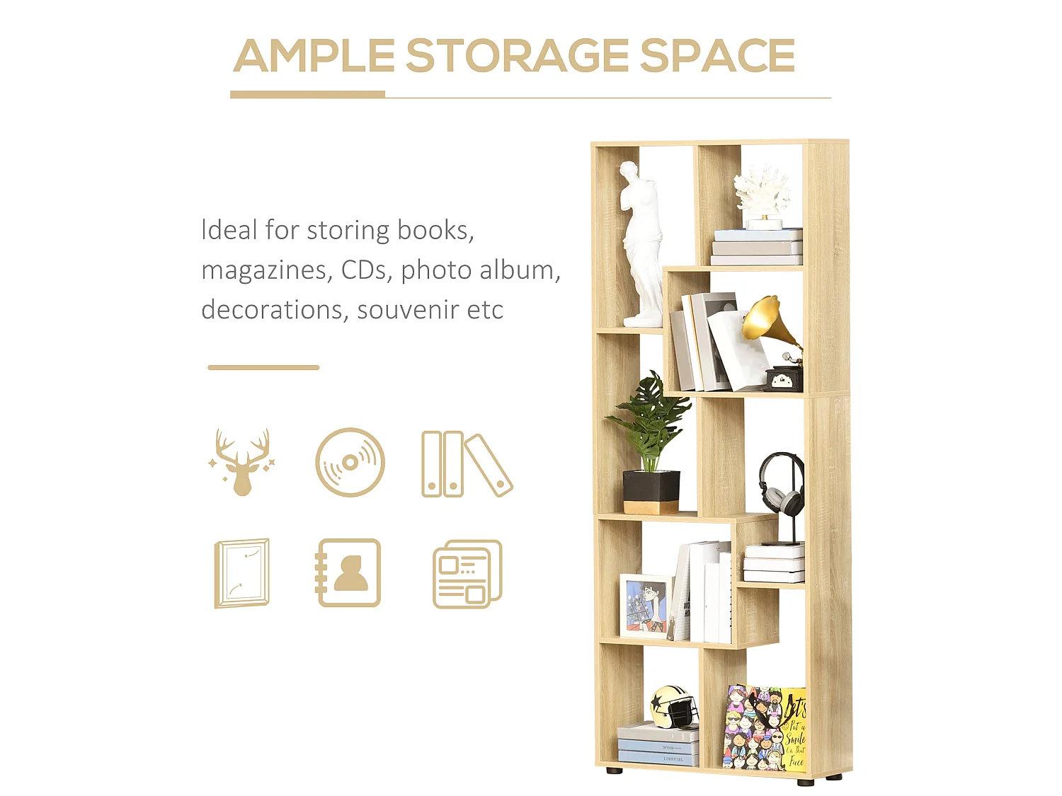 Neviludo Tall 8 Cube Bookcase Natural Wood Finish 70 x 24 x 178cm