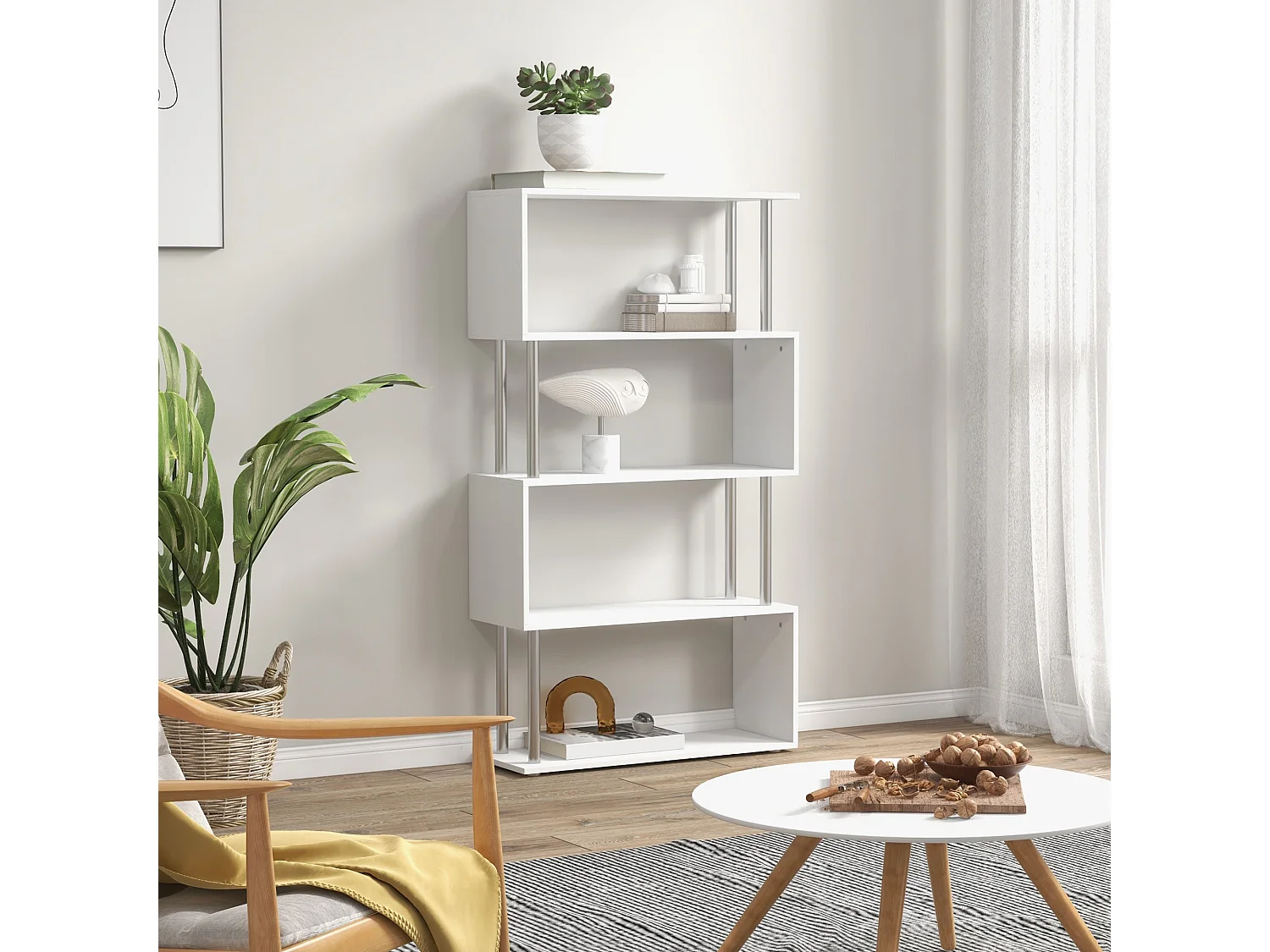 Fini Wood White 5 Tier S Shaped Freestanding Bookcase 80 x 30 x 145cm