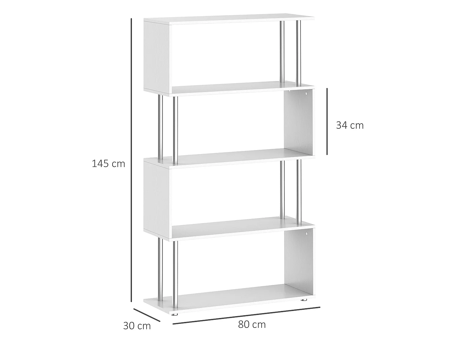 Fini Wood White 5 Tier S Shaped Freestanding Bookcase 80 x 30 x 145cm