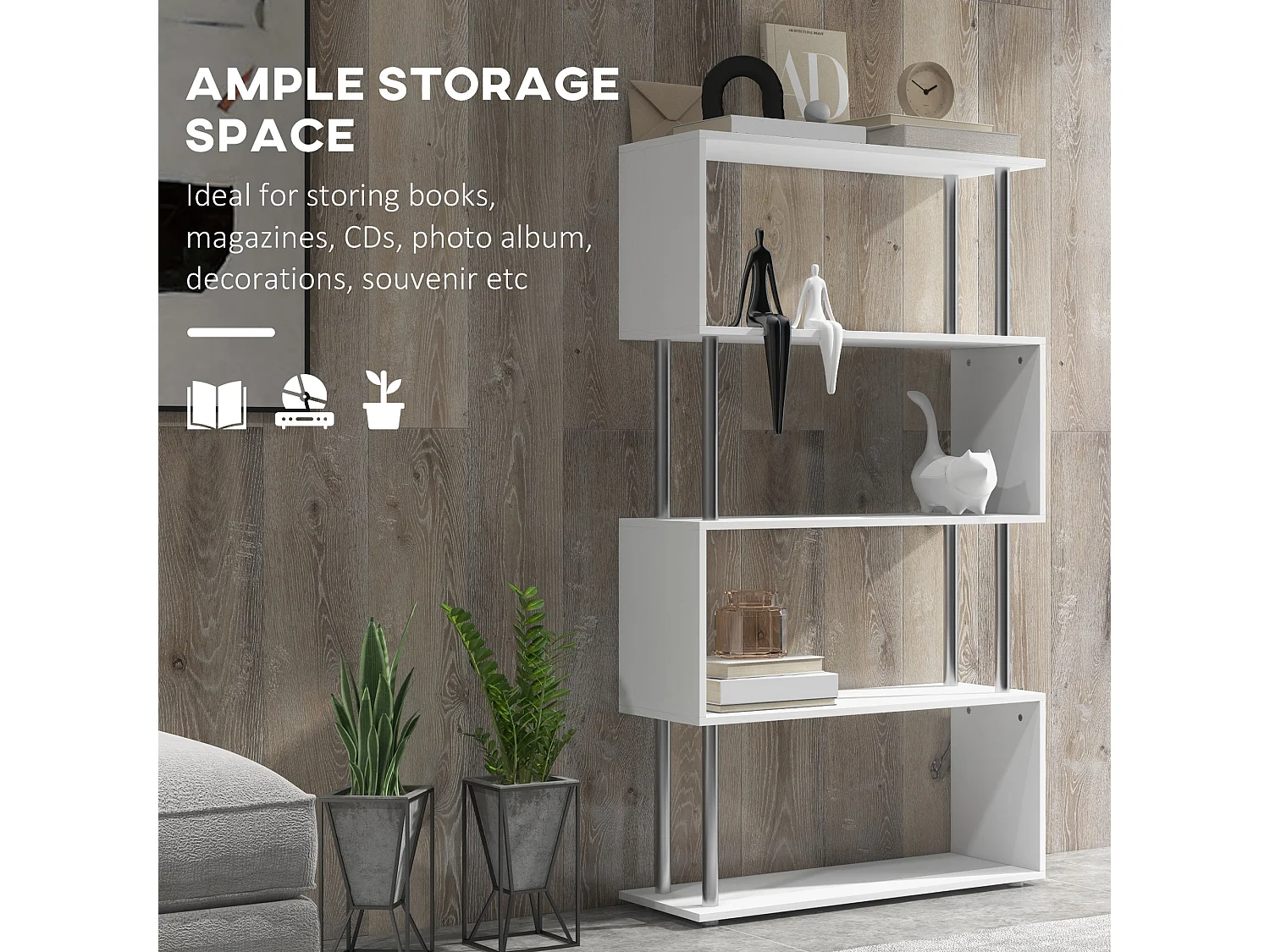 Fini Wood White 5 Tier S Shaped Freestanding Bookcase 80 x 30 x 145cm