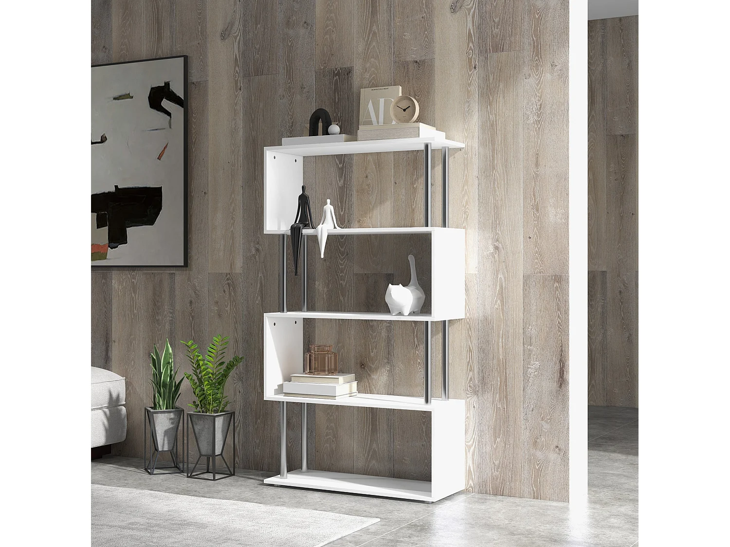 Fini Wood White 5 Tier S Shaped Freestanding Bookcase 80 x 30 x 145cm