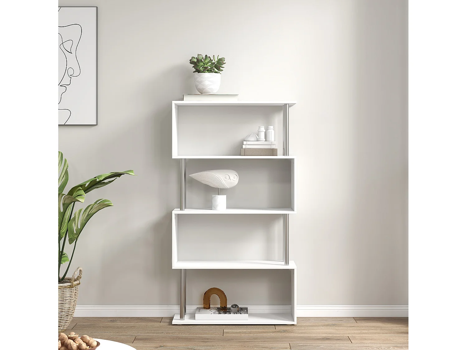 Fini Wood White 5 Tier S Shaped Freestanding Bookcase 80 x 30 x 145cm