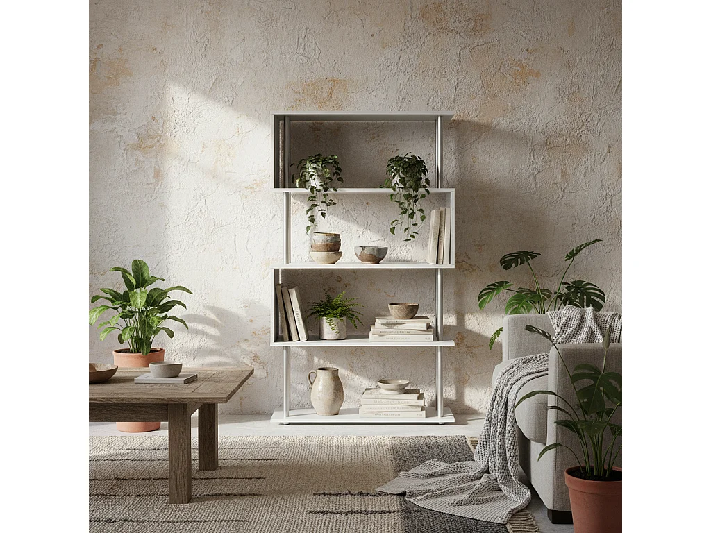 Fini Wood White 5 Tier S Shaped Freestanding Bookcase 80 x 30 x 145cm