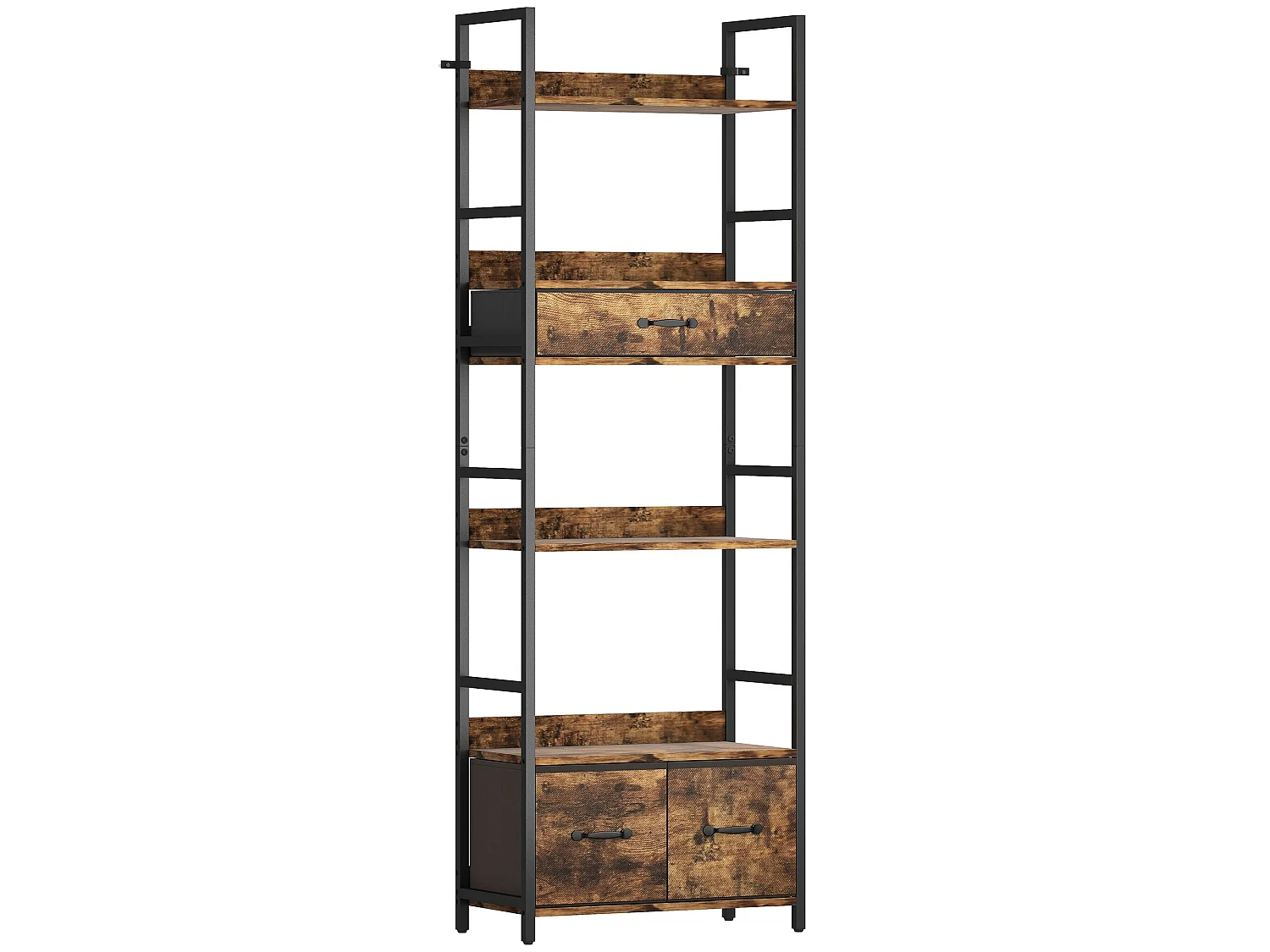 Cova Industrial Bookcase Rustic Brown Shelves with Black Metal Frame 4 Shelves and 3 Fabric Drawers