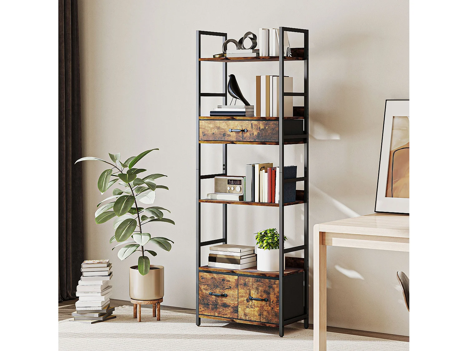 Cova Industrial Bookcase Rustic Brown Shelves with Black Metal Frame 4 Shelves and 3 Fabric Drawers