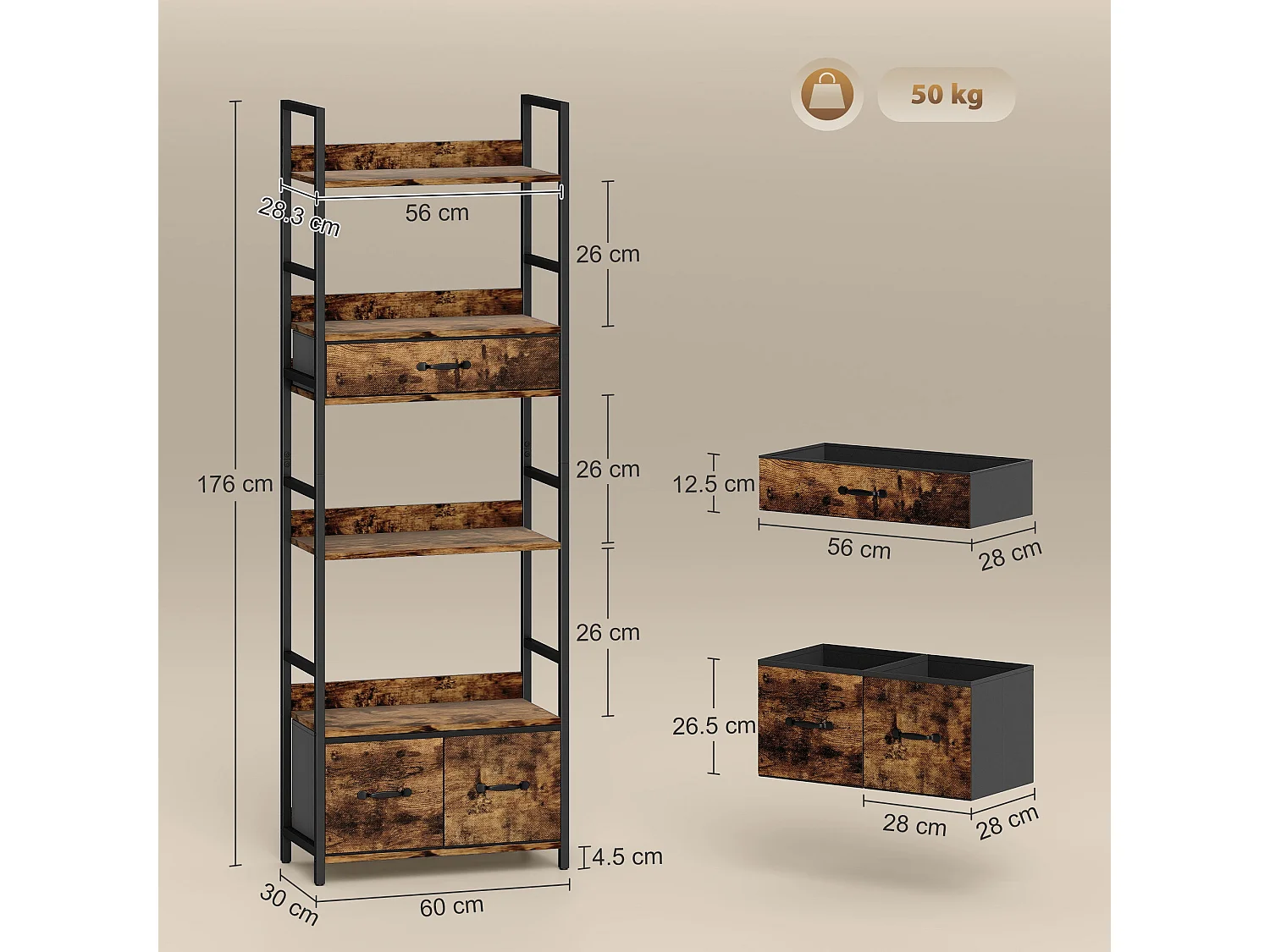 Cova Industrial Bookcase Rustic Brown Shelves with Black Metal Frame 4 Shelves and 3 Fabric Drawers