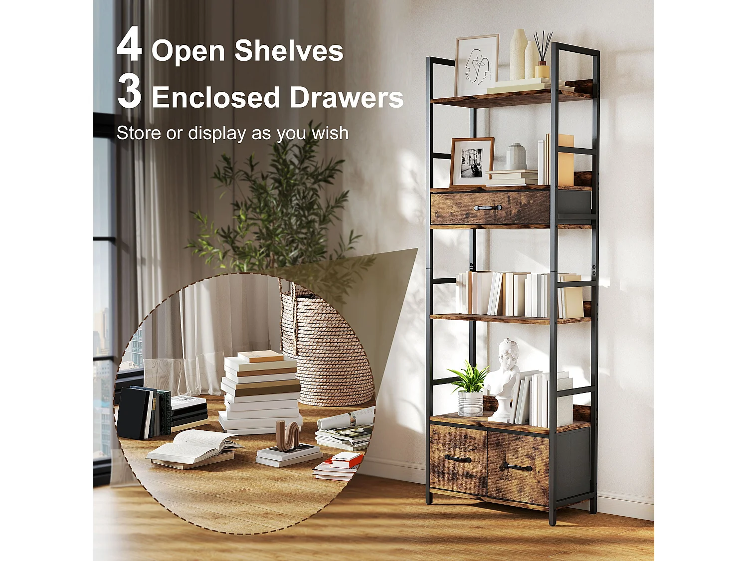 Cova Industrial Bookcase Rustic Brown Shelves with Black Metal Frame 4 Shelves and 3 Fabric Drawers