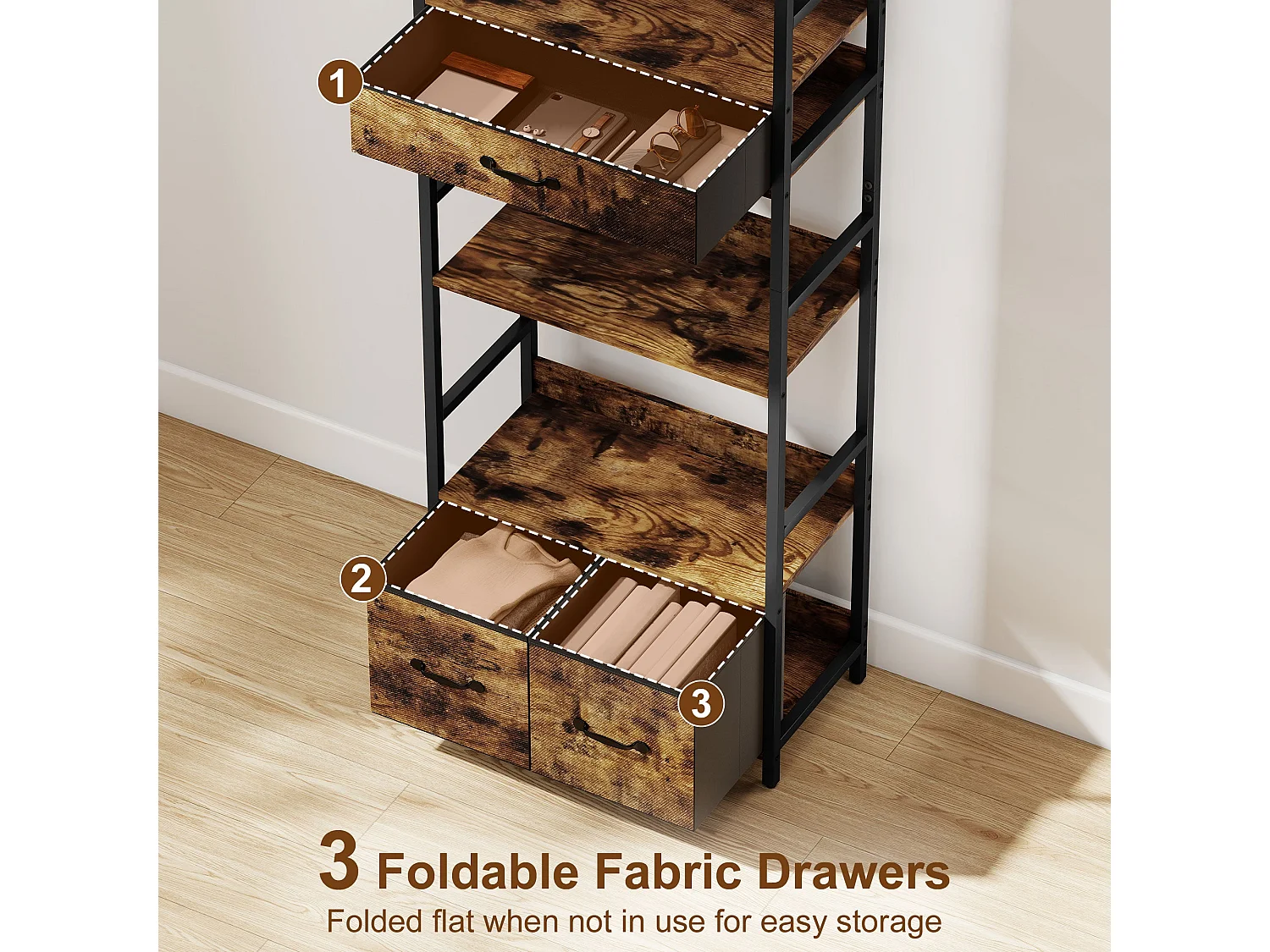 Cova Industrial Bookcase Rustic Brown Shelves with Black Metal Frame 4 Shelves and 3 Fabric Drawers