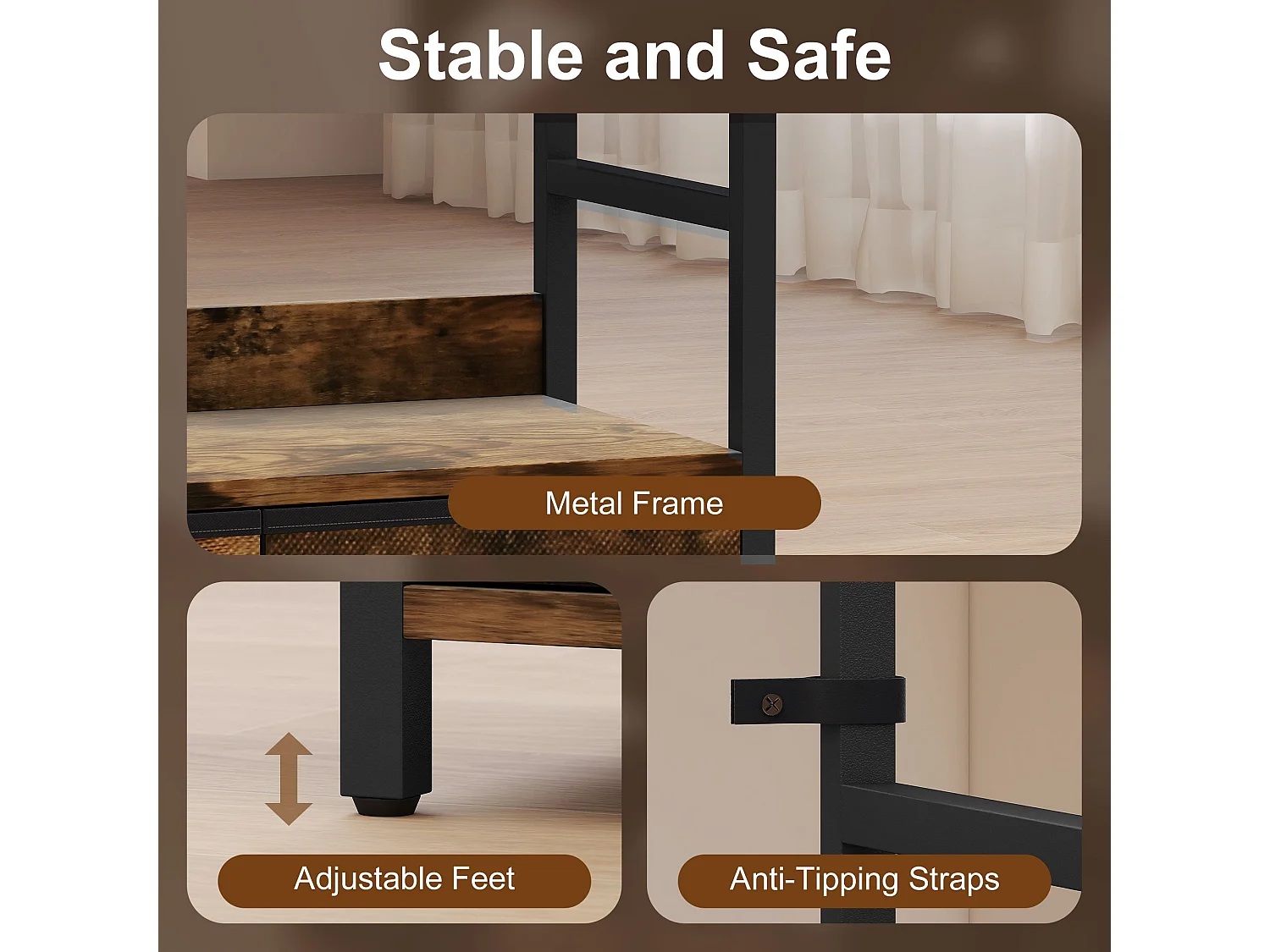 Cova Industrial Bookcase Rustic Brown Shelves with Black Metal Frame 4 Shelves and 3 Fabric Drawers