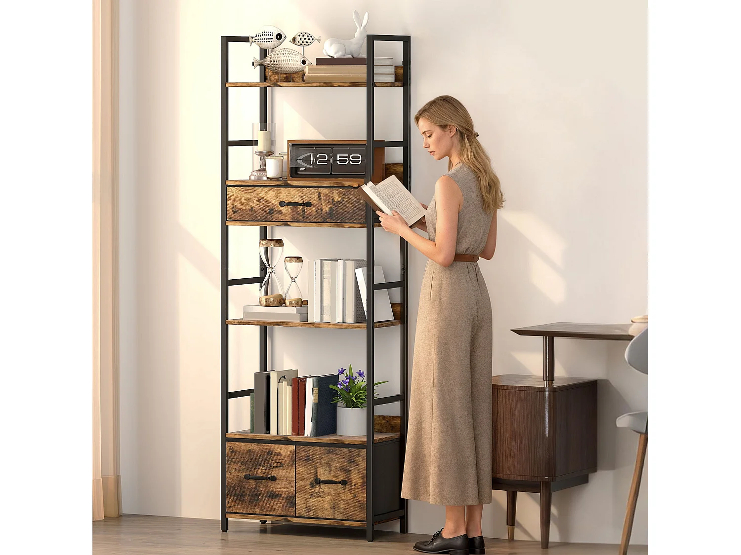 Cova Industrial Bookcase Rustic Brown Shelves with Black Metal Frame 4 Shelves and 3 Fabric Drawers