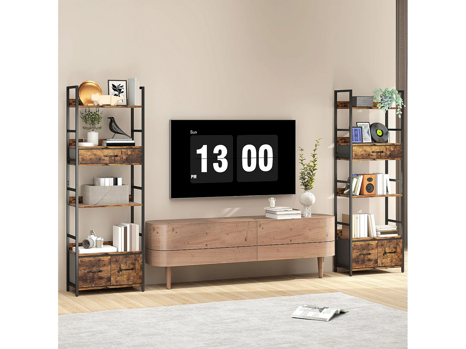 Cova Industrial Bookcase Rustic Brown Shelves with Black Metal Frame 4 Shelves and 3 Fabric Drawers