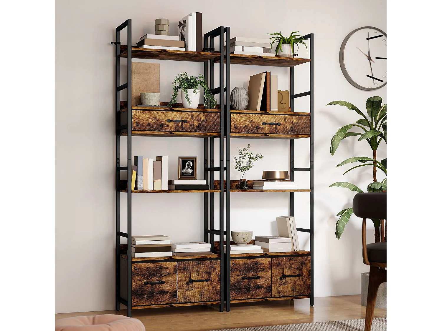 Cova Industrial Bookcase Rustic Brown Shelves with Black Metal Frame 4 Shelves and 3 Fabric Drawers