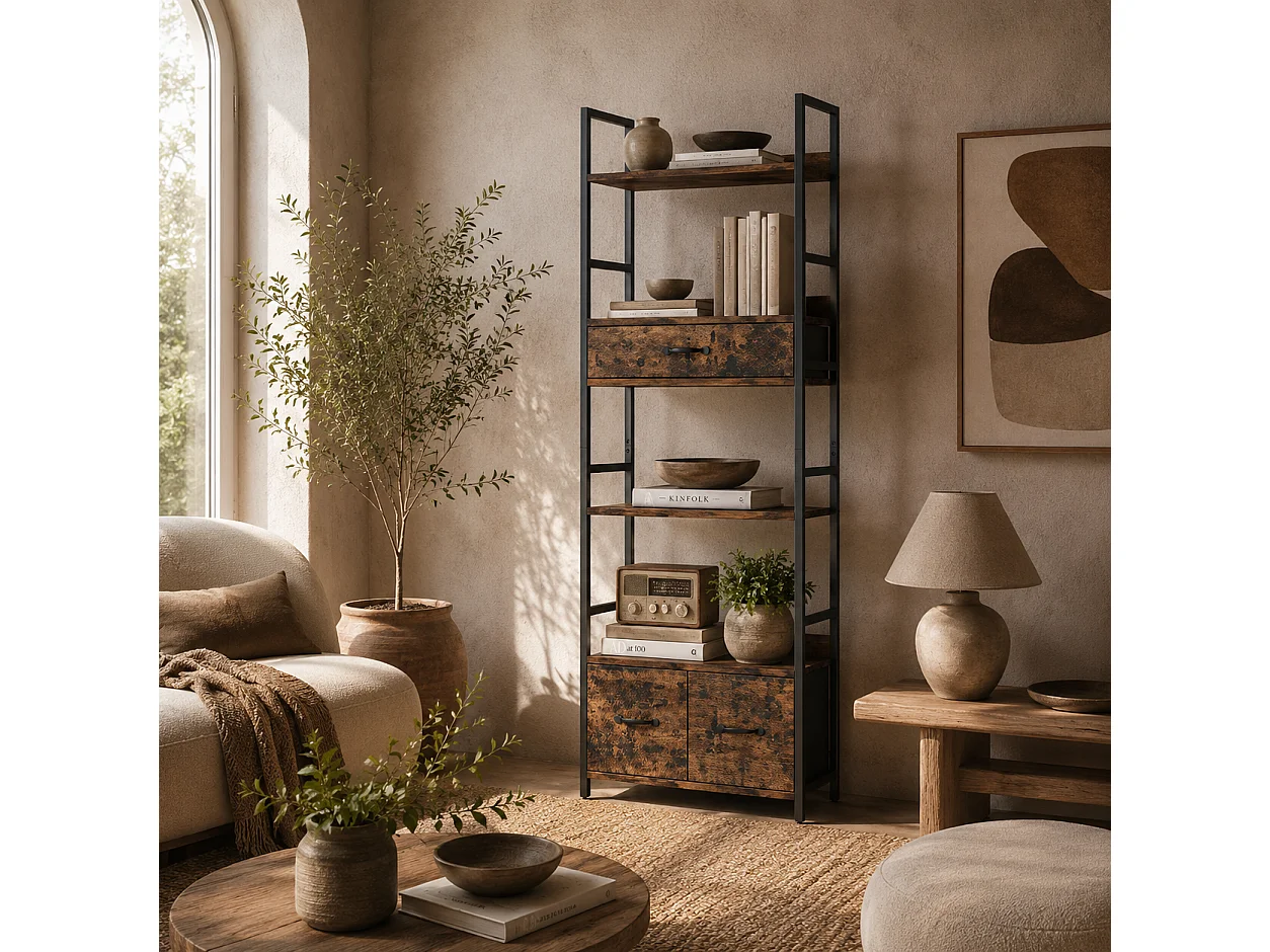 Cova Industrial Bookcase Rustic Brown Shelves with Black Metal Frame 4 Shelves and 3 Fabric Drawers