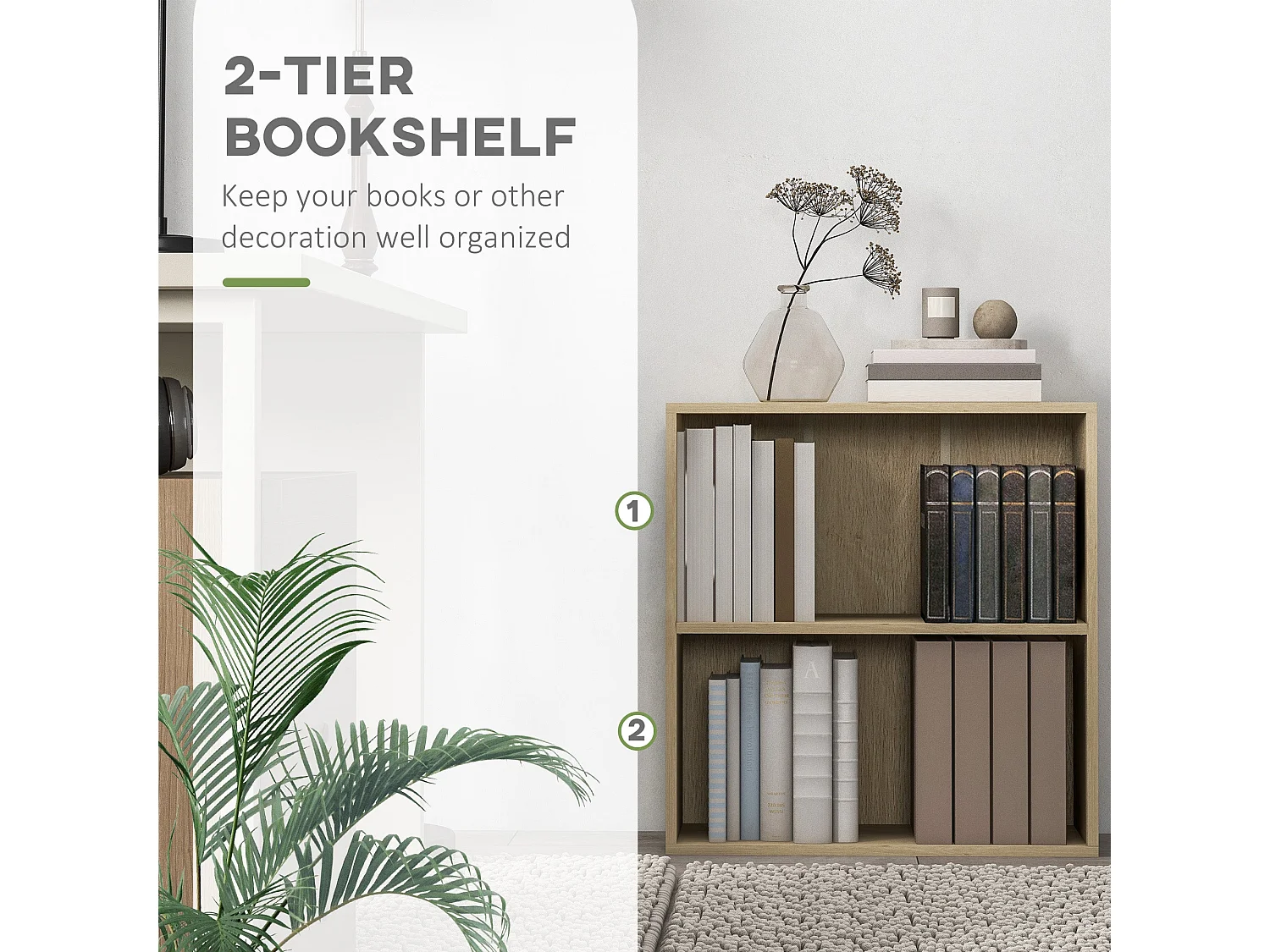 Kesa 2 Tier Low Bookcase Natural Wood Finish Adjustable Shelf