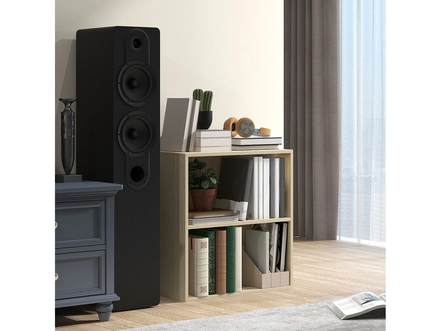 Kesa 2 Tier Low Bookcase Natural Wood Finish Adjustable Shelf