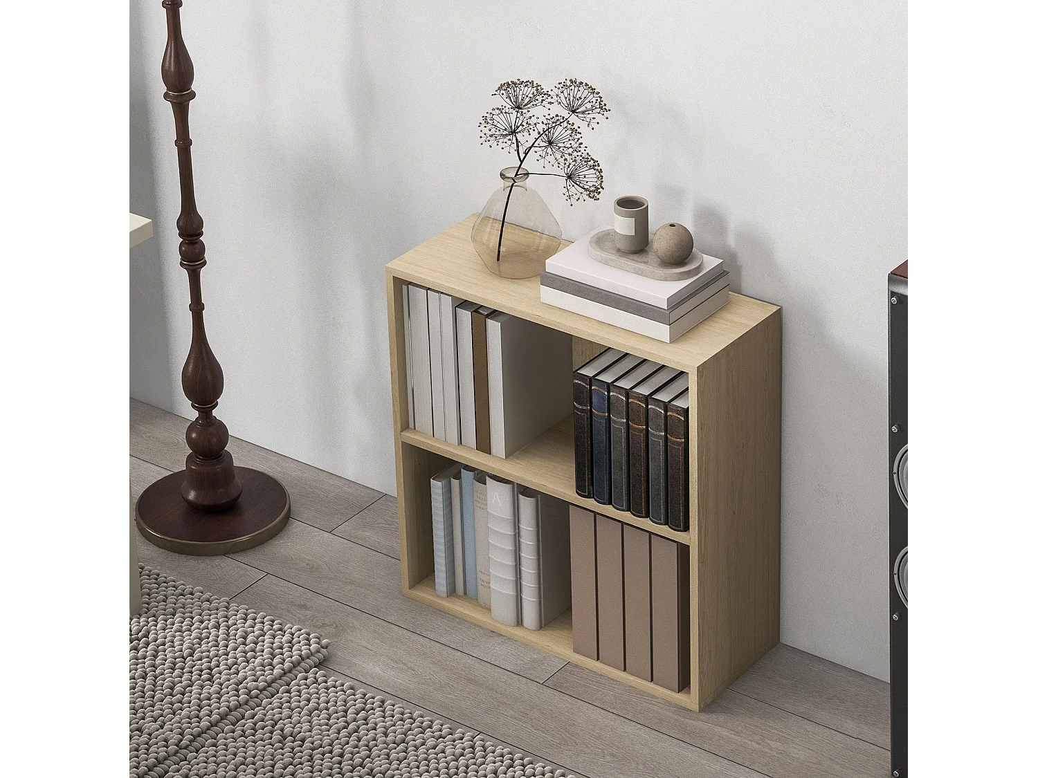 Kesa 2 Tier Low Bookcase Natural Wood Finish Adjustable Shelf