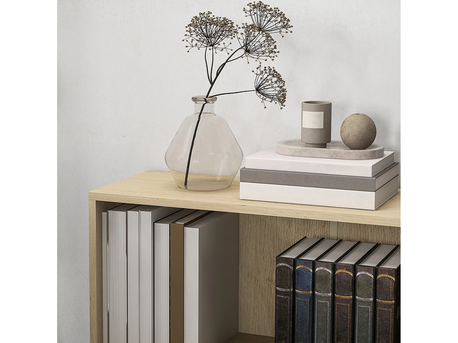 Kesa 2 Tier Low Bookcase Natural Wood Finish Adjustable Shelf