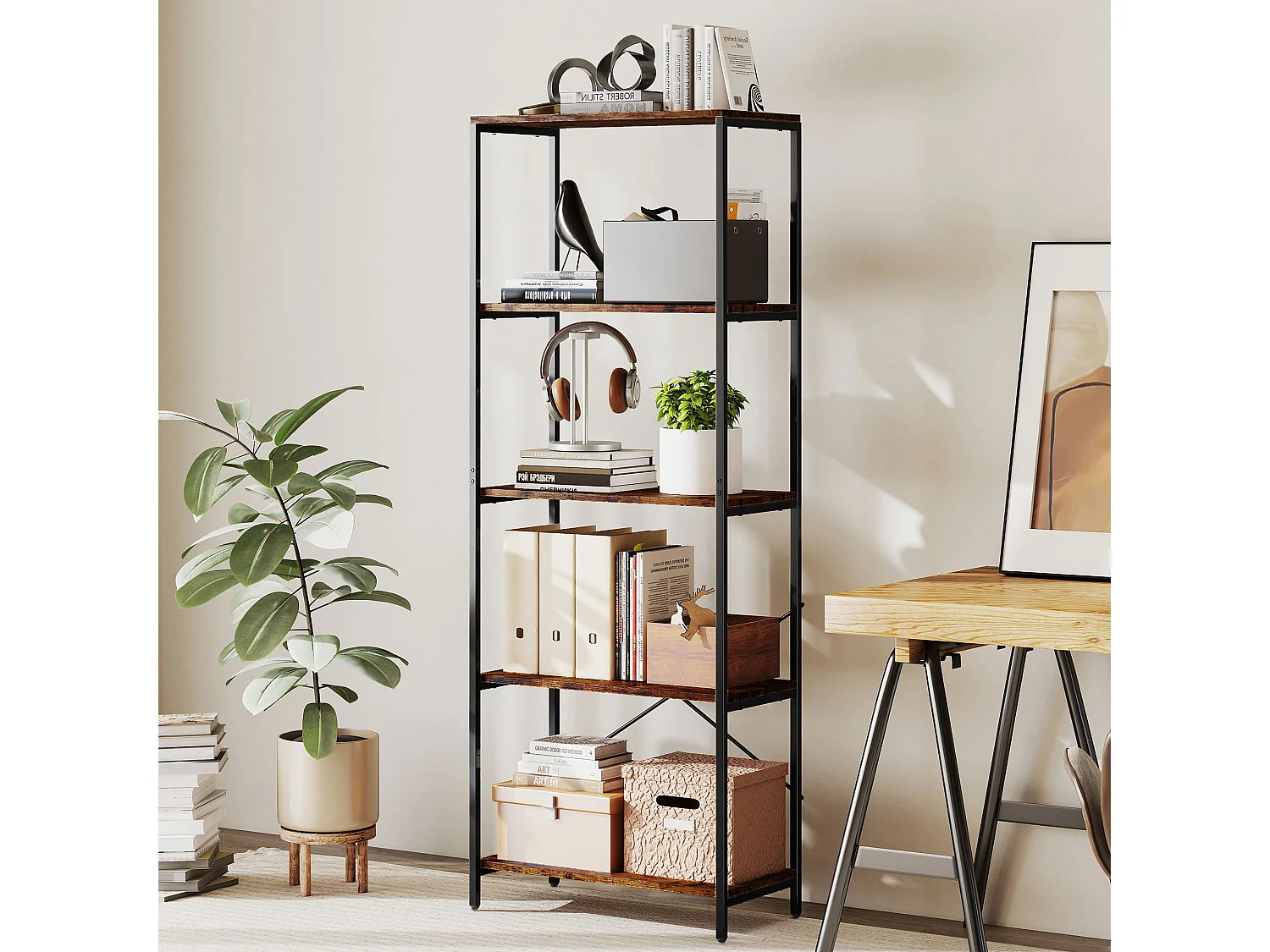 Ravitti 5 Tier Industrial Bookcase Rustic Brown Shelves Black Metal Frame