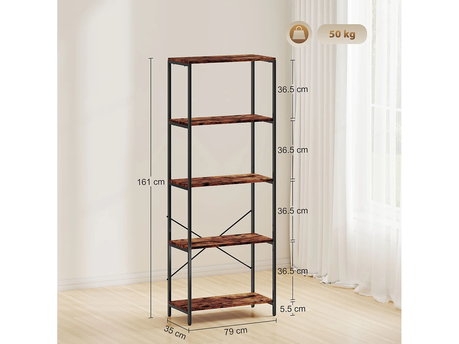 Ravitti 5 Tier Industrial Bookcase Rustic Brown Shelves Black Metal Frame