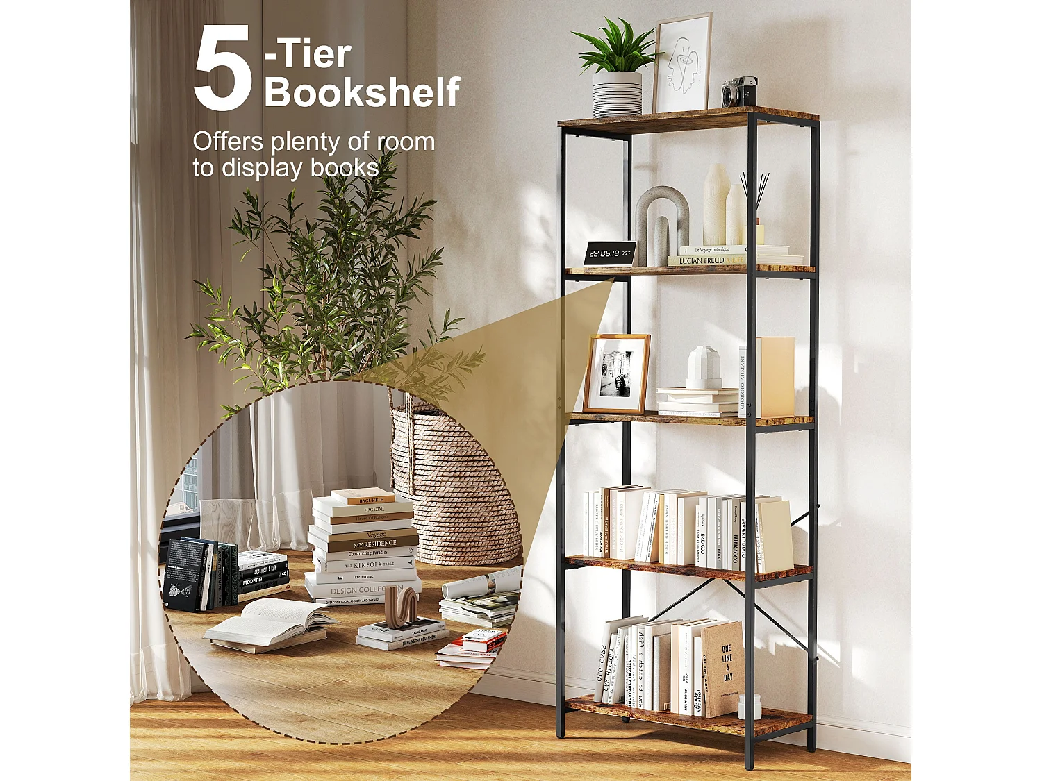 Ravitti 5 Tier Industrial Bookcase Rustic Brown Shelves Black Metal Frame