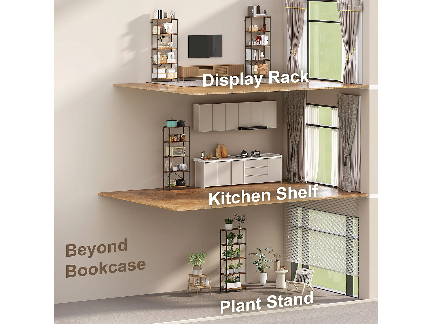 Ravitti 5 Tier Industrial Bookcase Rustic Brown Shelves Black Metal Frame