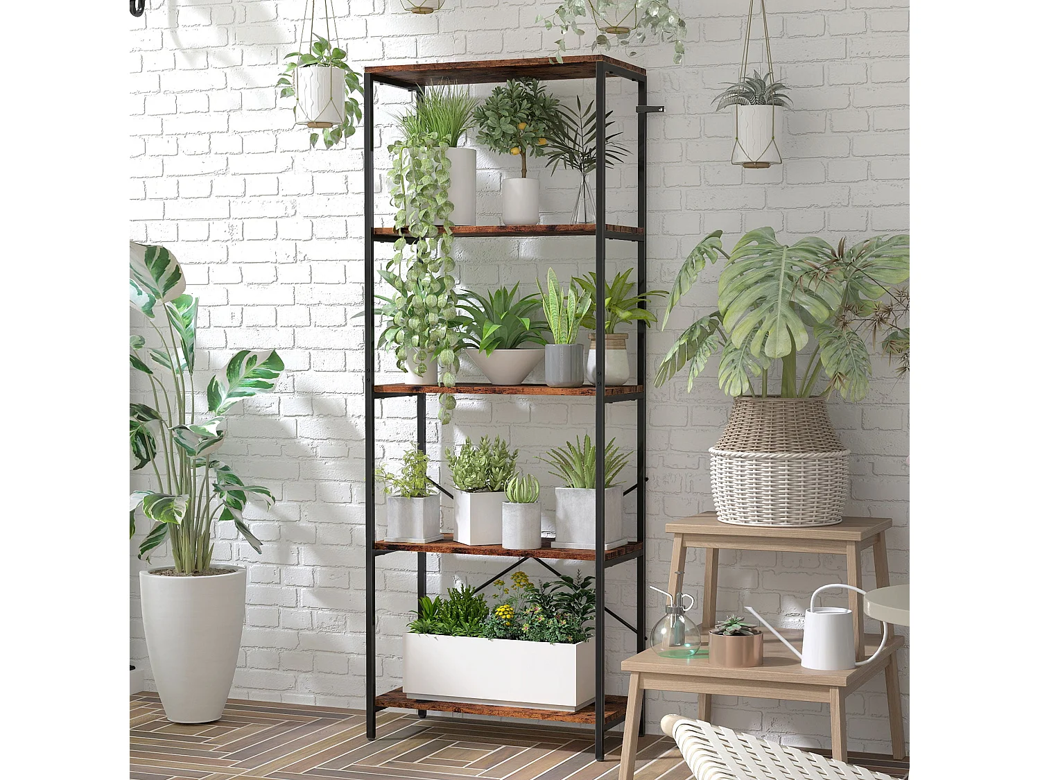 Ravitti 5 Tier Industrial Bookcase Rustic Brown Shelves Black Metal Frame