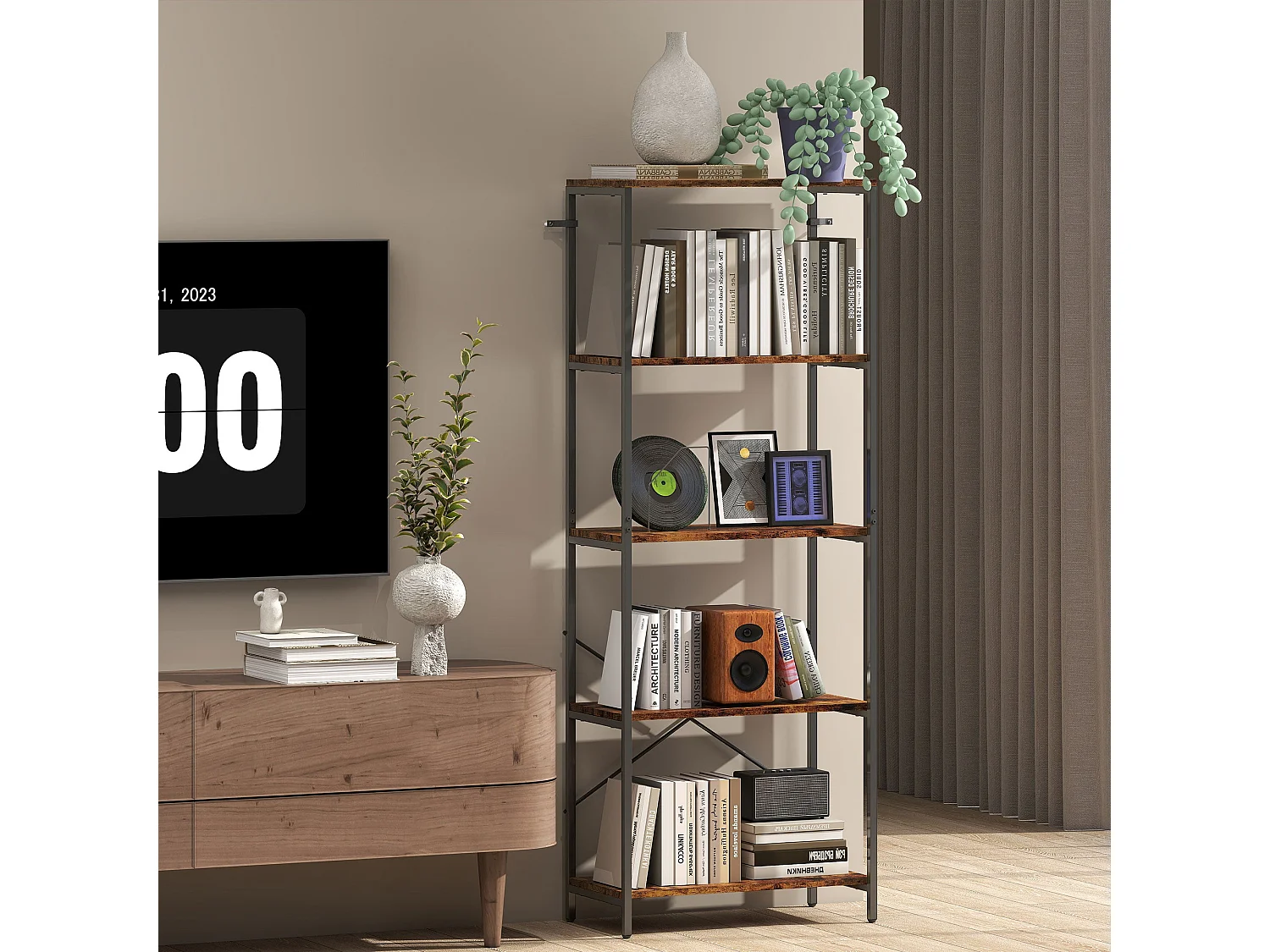 Ravitti 5 Tier Industrial Bookcase Rustic Brown Shelves Black Metal Frame