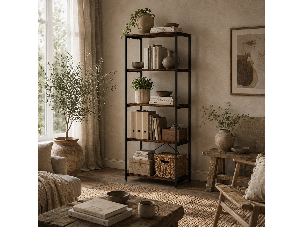 Ravitti 5 Tier Industrial Bookcase Rustic Brown Shelves Black Metal Frame
