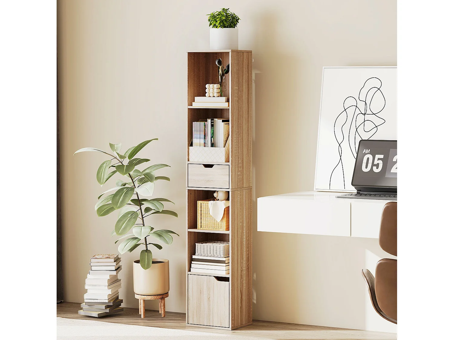 Lamotte Tall Narrow 6 Tier Bookcase with Drawer and Door Natural Wood Finish