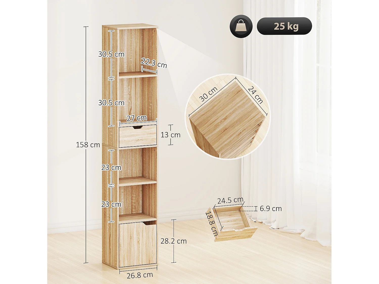Lamotte Tall Narrow 6 Tier Bookcase with Drawer and Door Natural Wood Finish