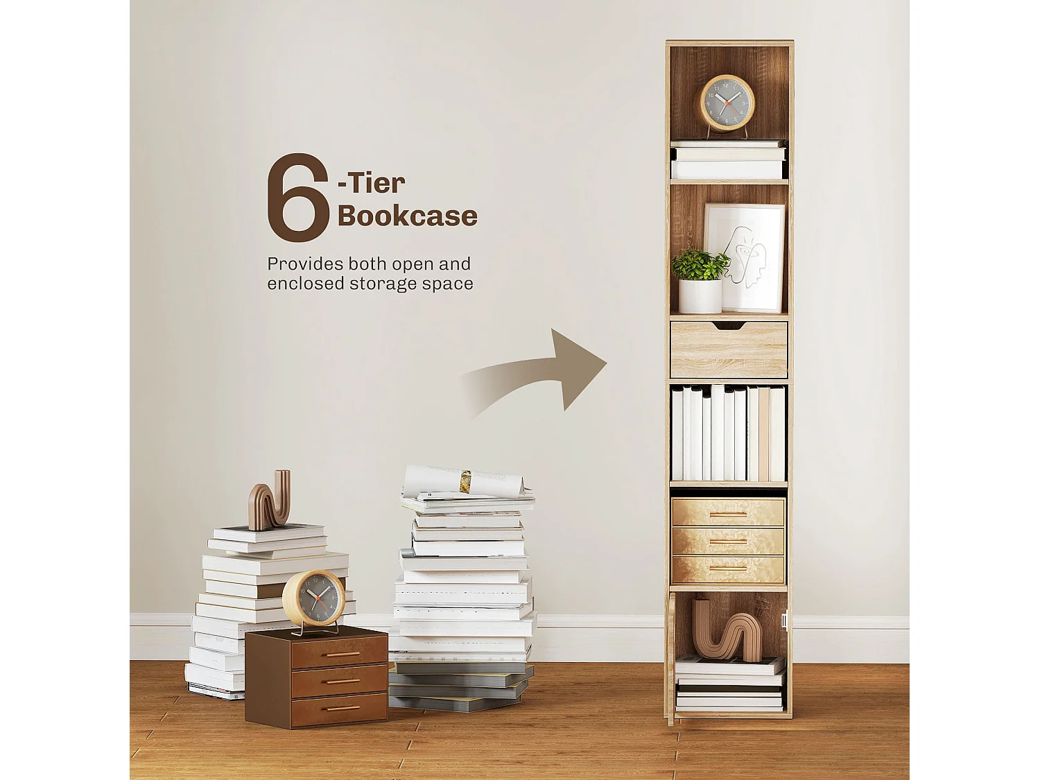 Lamotte Tall Narrow 6 Tier Bookcase with Drawer and Door Natural Wood Finish