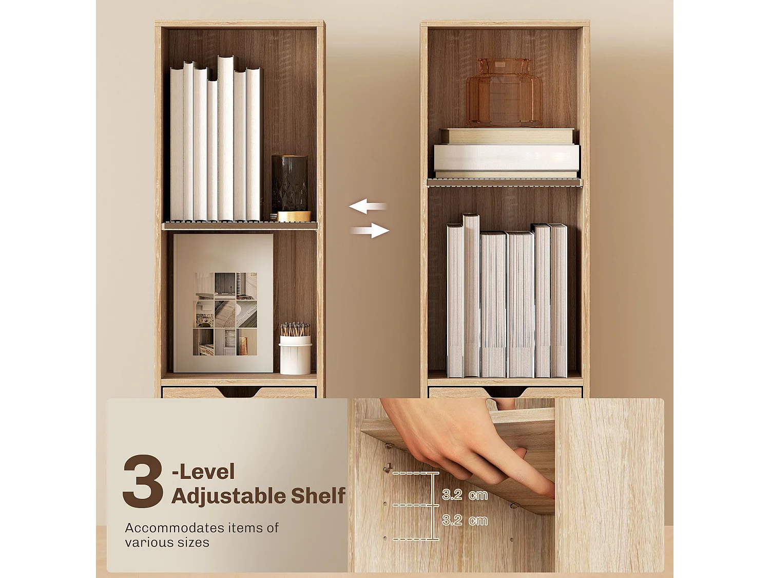 Lamotte Tall Narrow 6 Tier Bookcase with Drawer and Door Natural Wood Finish