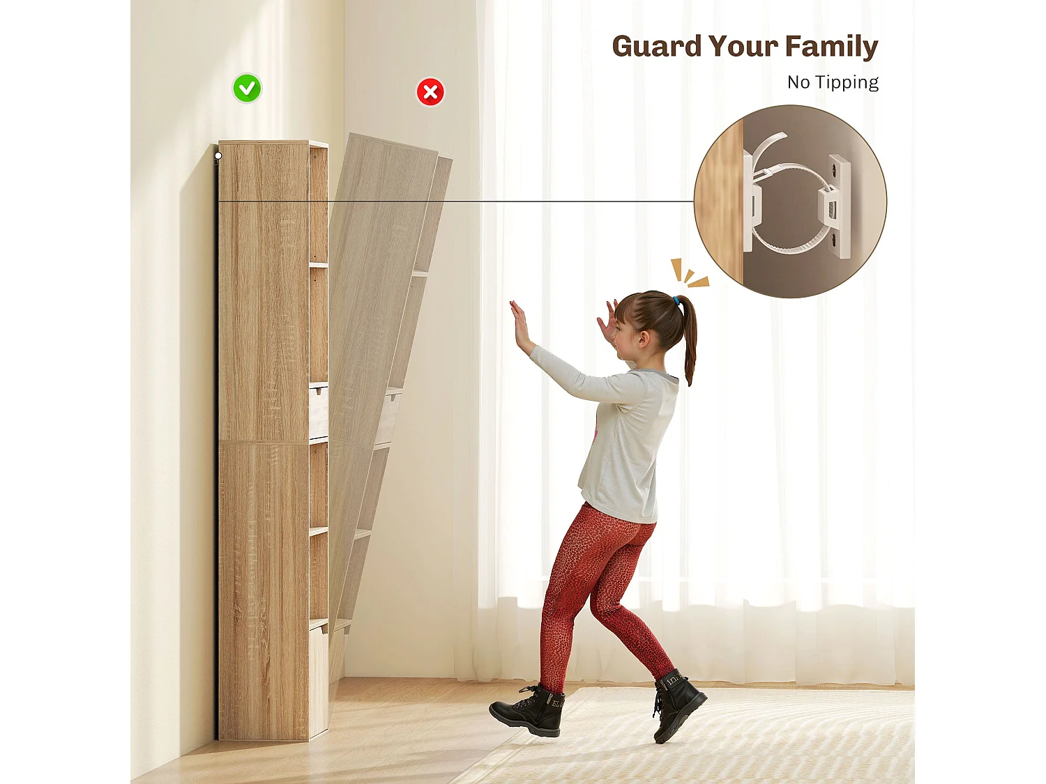 Lamotte Tall Narrow 6 Tier Bookcase with Drawer and Door Natural Wood Finish