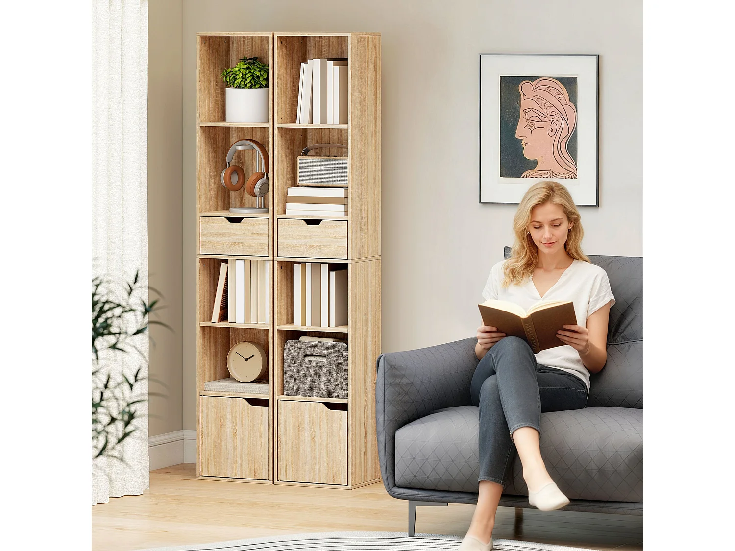 Lamotte Tall Narrow 6 Tier Bookcase with Drawer and Door Natural Wood Finish