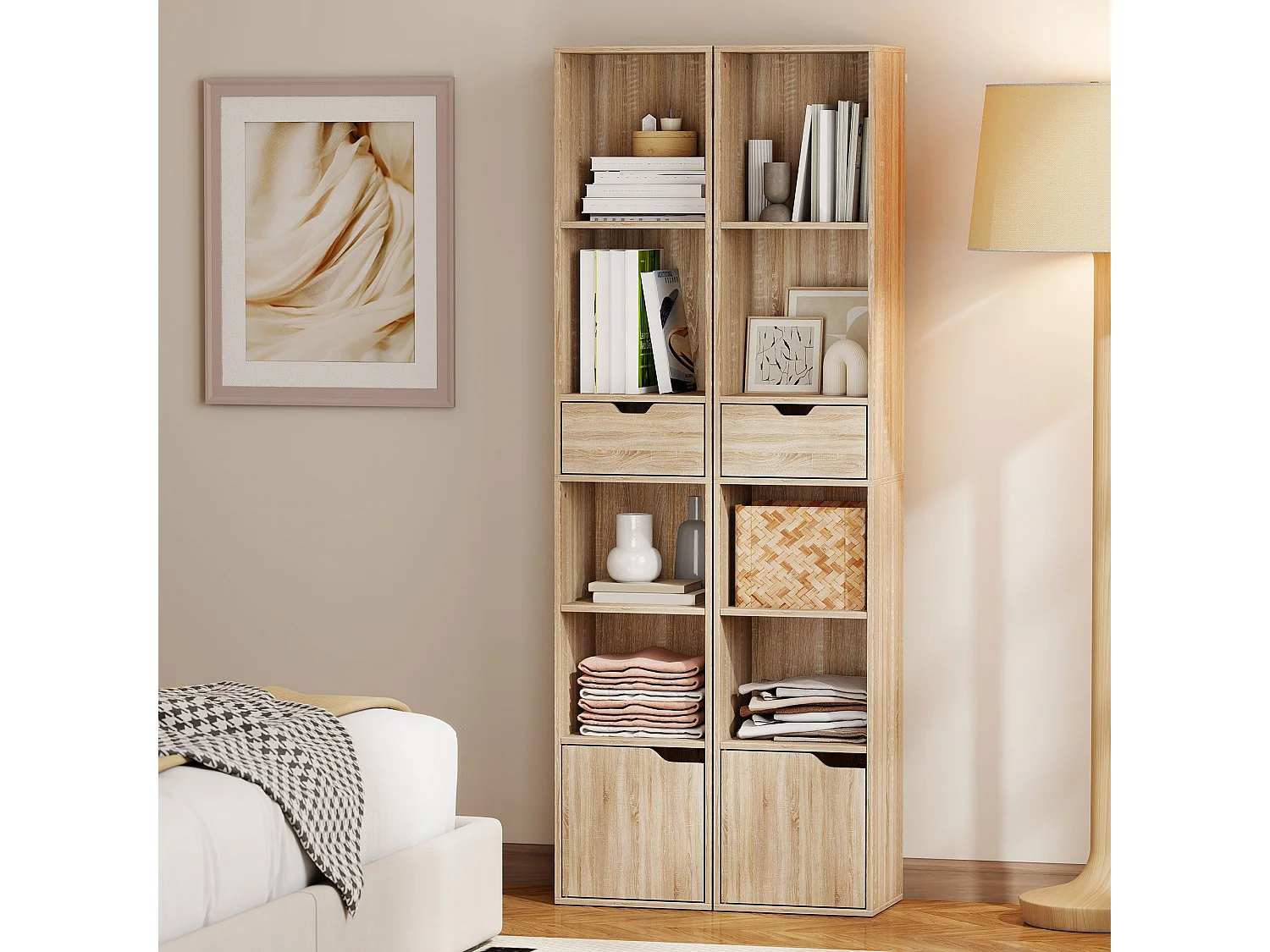 Lamotte Tall Narrow 6 Tier Bookcase with Drawer and Door Natural Wood Finish