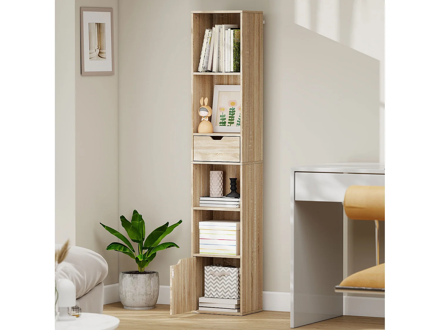 Lamotte Tall Narrow 6 Tier Bookcase with Drawer and Door Natural Wood Finish