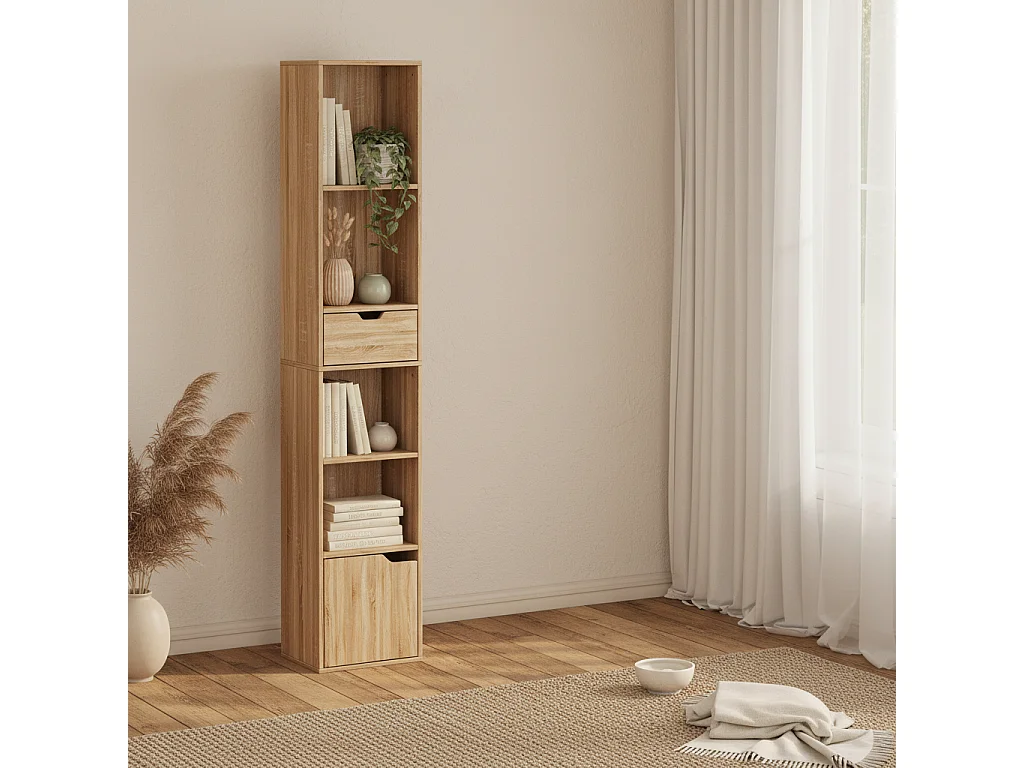 Lamotte Tall Narrow 6 Tier Bookcase with Drawer and Door Natural Wood Finish