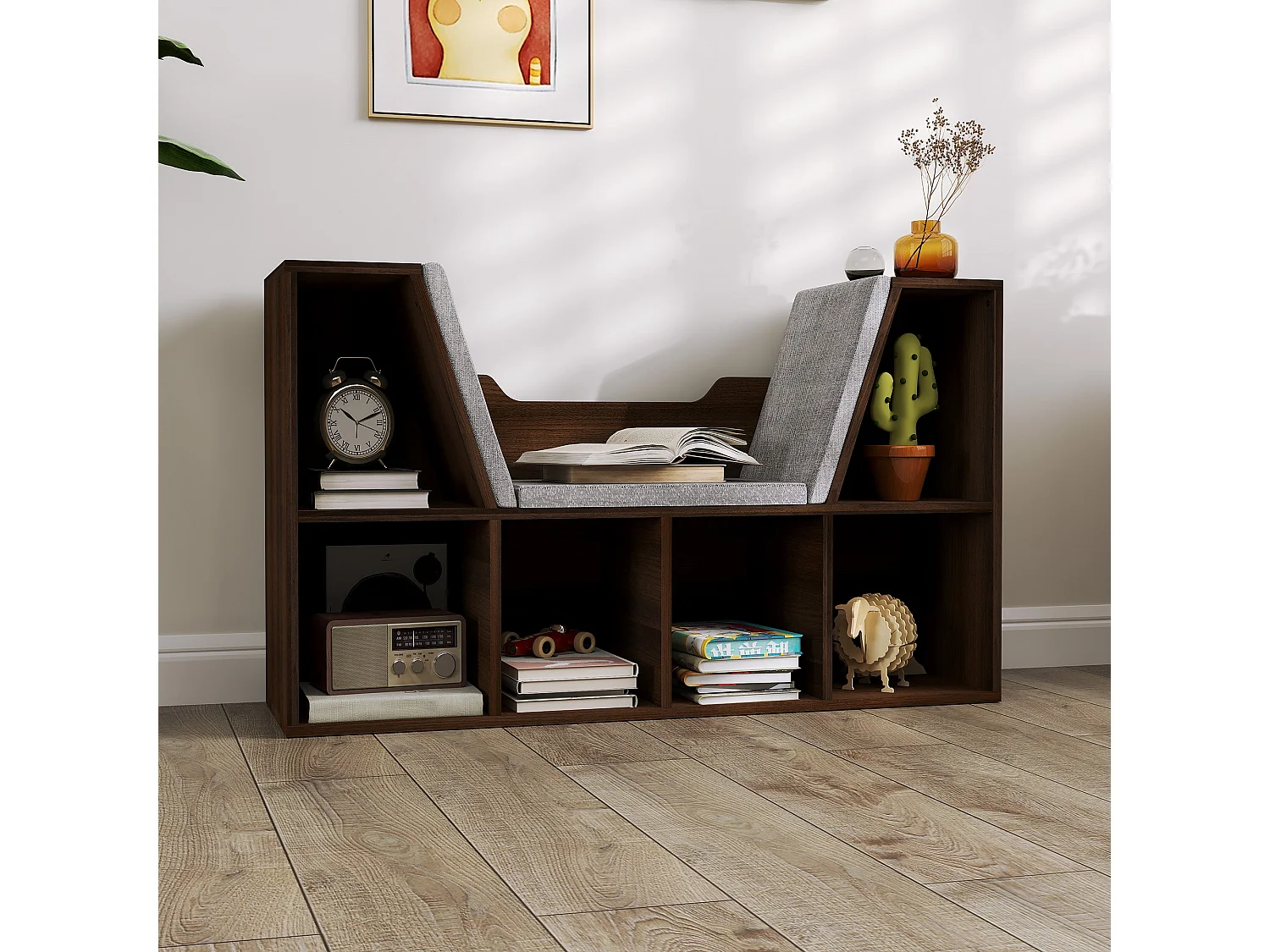 Elka Chestnut Cube Bookcase with Cushioned Reading Seat