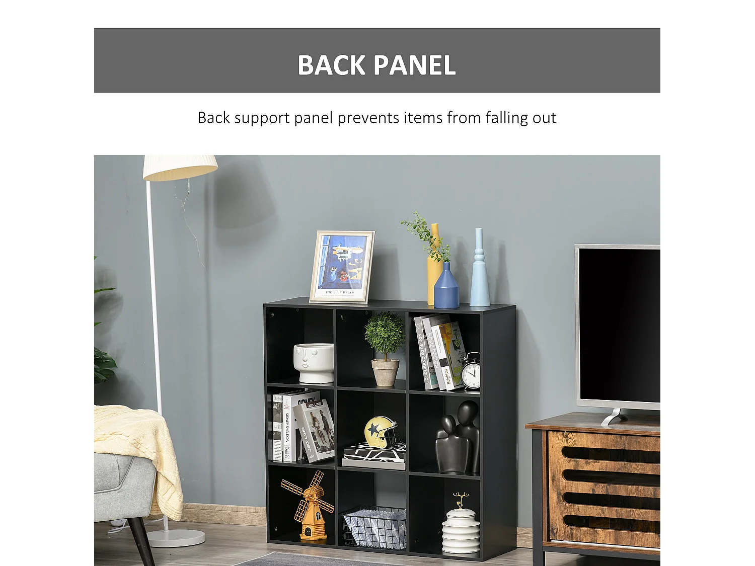 Remamo Black 3 Tier 9 Cube Storage Bookcase Melamine Particleboard