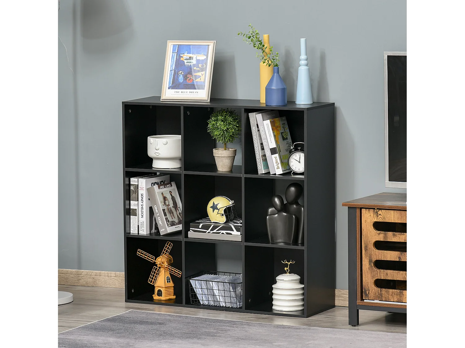 Remamo Black 3 Tier 9 Cube Storage Bookcase Melamine Particleboard