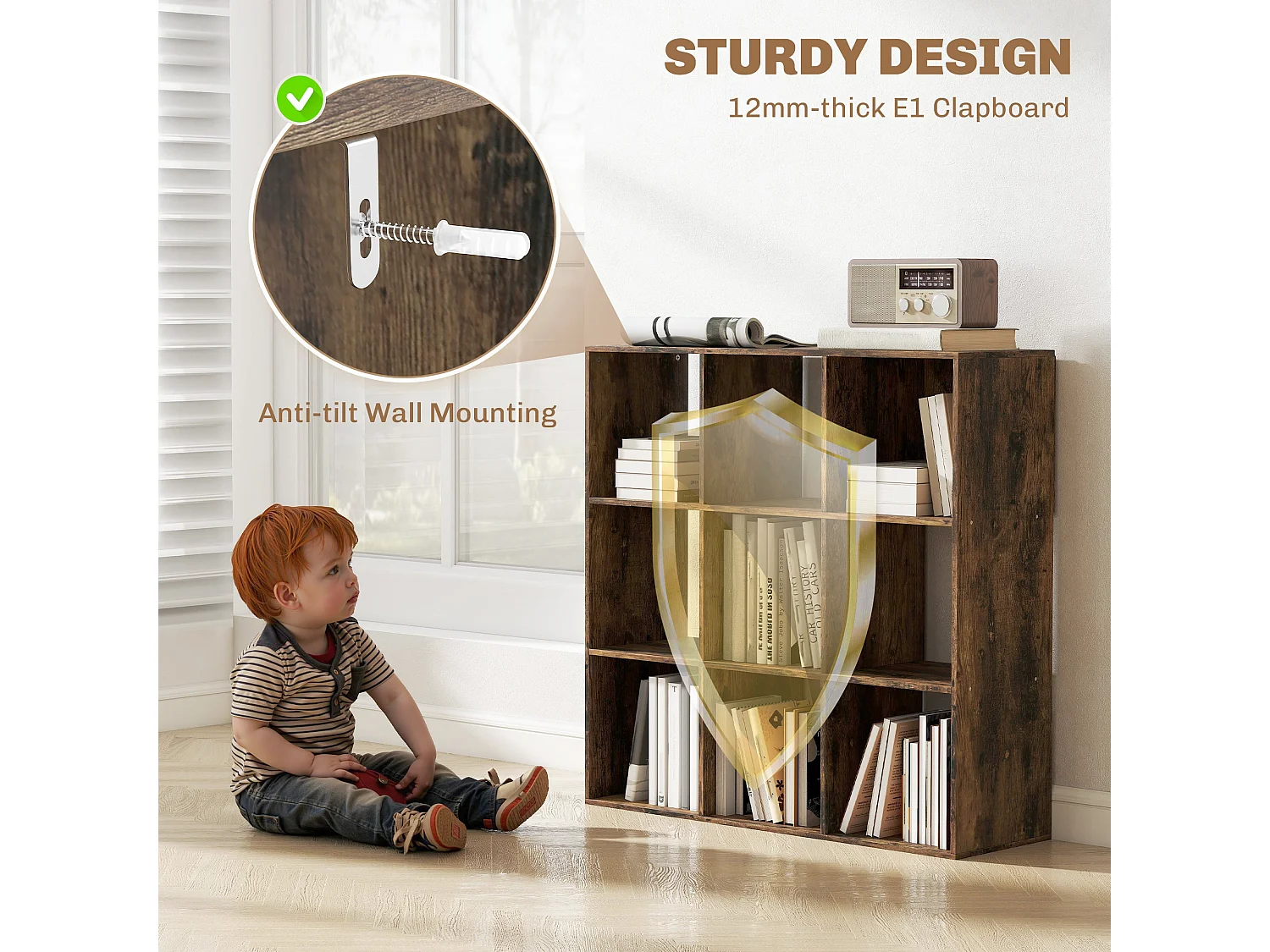 Toleel Rustic Brown 9 Cube Particleboard Storage Bookcase