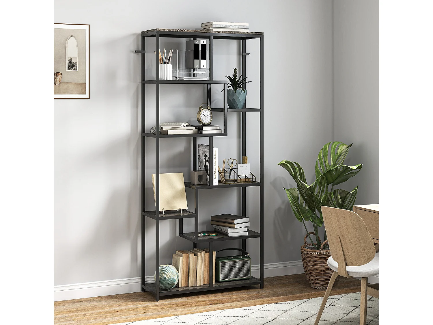 Sudina 7 Tier Geometric Metal and Wood Display Bookcase Grey and Black
