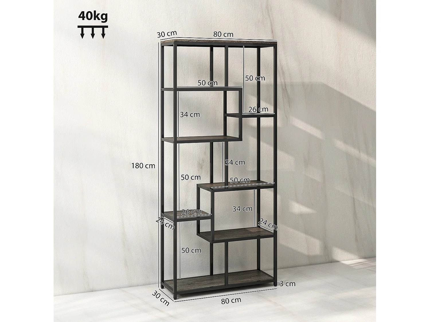 Sudina 7 Tier Geometric Metal and Wood Display Bookcase Grey and Black