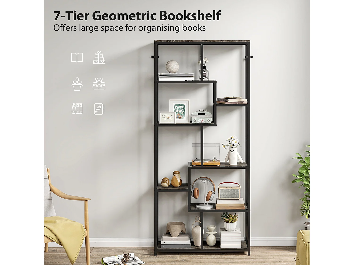 Sudina 7 Tier Geometric Metal and Wood Display Bookcase Grey and Black
